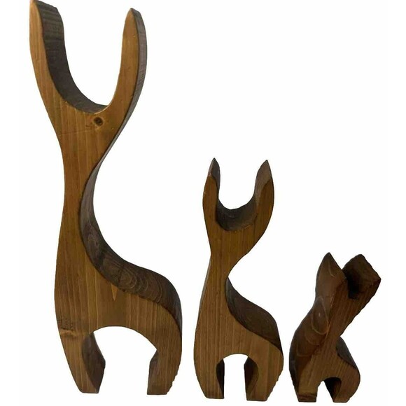 Vintage Set of 3 Hand Crafted Solid Wood Deer Reindeers - 10.5”, 7”, 4.5” Googly - Picture 3 of 9